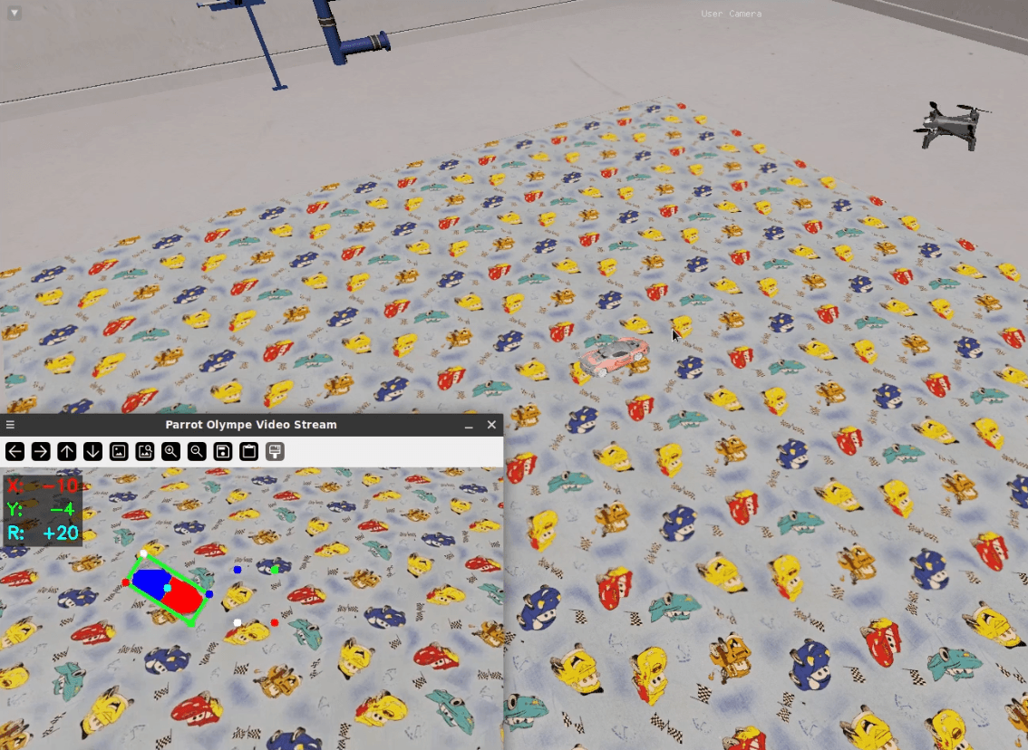 Drone flying in the simulator with Teacher model running from third party and drone perspectives